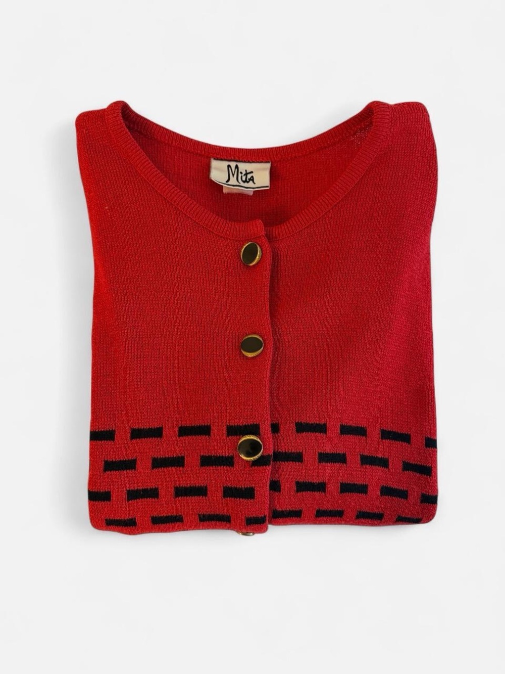 Vintage Mita Red Black Knit Cardigan Shoulder Pads Size 14